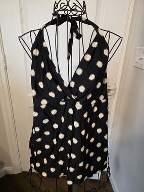 Black Halter Polka Dot Swim Top with Cream Spots
